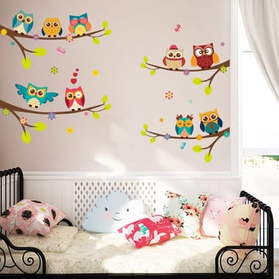 Famanu - Muurtattoo kinderen 9 schattige uilen op takken I wandfoto's: 120 x 100 cm I raamafbeeldingen boom tak bloemen vlinders I wanddecoratie raamsticker babykamer kinderkamer