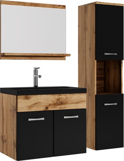 Badplaats Badkamermeubel Set Montreal 60 x 35 cm – Eiken met Zwart – Badmeubel met Spiegel en Zijkast met Zwarte Wastafel