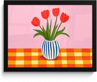 Poster in lijst - Fotolijst 40x30 cm - Posters - Tulpen - Roze - Vaas - Posterlijst zwart - Decoratie - Wanddecoratie woonkamer - Muurdecoratie slaapkamer