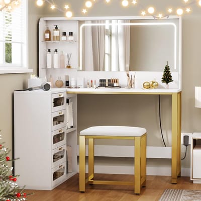 L-vormige kaptafel met LED-verlichtingsspiegel, met 5 lades en een open plank met 2 niveaus die verstelbaar is, 3 standen spiegel, moderne make-uptafel voor slaapkamer, make-upkamer, bureau (gesplitst voor 2 pakketten voor verzending)