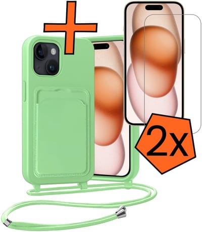 Hoesje Geschikt voor iPhone 15 Plus Hoesje Met Telefoonketting Pasjeshouder Case Met 2x Screenprotector Koord - Hoesje Geschikt voor iPhone 15 Plus Hoes Met Kaarthouder - Groen