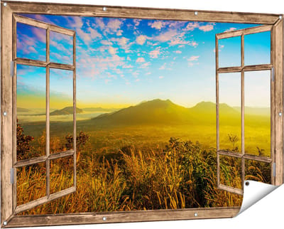 Gards Tuinposter Doorkijk Bergen met Mist in Thailand - 150x100 cm - Tuindoek - Tuindecoratie - Wanddecoratie buiten - Tuinschilderij