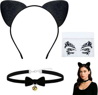 Zwart Kat Kostuum Accessoire Set voor Vrouwen - Kat Oren Haarband, Kat Gezicht Sticker en Strik Halsband voor Cosplay en Feestjes