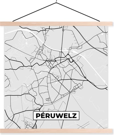 Posterhanger incl. Poster 40x40 cm - Schoolplaat - Stadskaart – Zwart Wit - Kaart – Péruwelz – België – Plattegrond - Textielposter - Blanke latten - Stadskaart