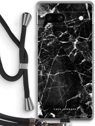 Case Company® - Hoesje met koord geschikt voor Google Pixel 7A hoesje met Koord - Zwart Marmer - Telefoonhoesje met Zwart Koord - Bescherming aan alle Kanten en Over de Schermrand