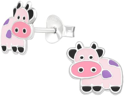 Joy|S - Zilveren koe oorbellen - 8.5 x 8 mm - roze paars - kinderoorbellen - sterling zilver 925