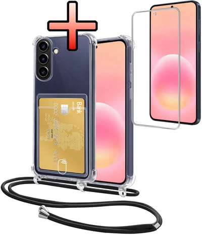 Hoes Geschikt voor Samsung Galaxy A57 Hoesje Pasjeshouder Cover Met Koord Shock Proof Case Siliconen Hoes Met Telefoonkoord en Kaarthouder Met Screenprotector - Transparant