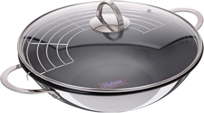 Wokset 32 cm met antiaanbakcoating, glazen deksel en legrooster