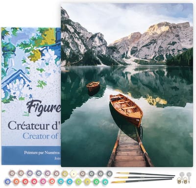 Figured'Art Schilderen op Nummer Volwassenen met lijst - Kleine boot en bergmeer - Handwerk acrylverf Kit DIY Compleet - 40x50cm Canvas al ingelijst