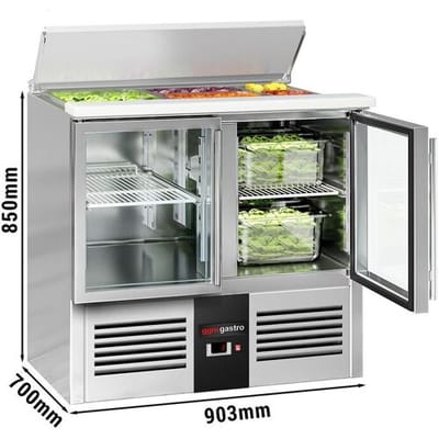 GGM Gastro Saladette PREMIUM - 903mm - 2 Glastüren - mit Einlass für 2x GN 1/1 & 3x GN 1/6 & Edelstahldeckel Zilver