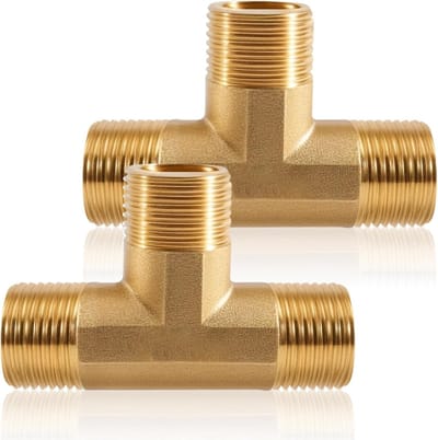 Set van 2 stuks 1/4 inch messing wateraansluitingen, 90° T-stuk voor warm en koud water, 3-weg mannelijke schroefverbinding voor leidingen