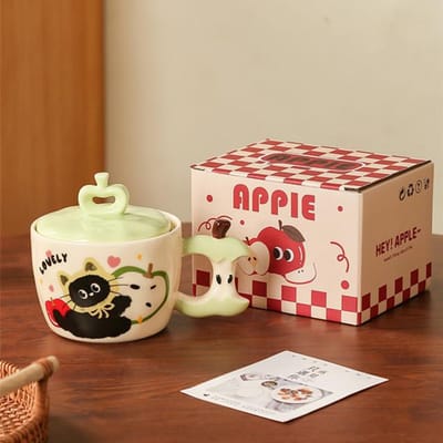 Gepersonaliseerde Leuke Appel Kat Mok Huishoudelijk Deksel Stel Keramische Kop Kantoor High Looking Meisje Waterbeker 401-500ml