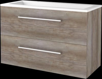 Basic Start 46 badmeubelset met wastafelonderkast met grepen, 2 lades en acryl wastafel met 2 kraangaten 100 x 46 cm, scotch oak