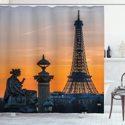 ABAKUHAUS douchegordijn – Zonsondergang landschap – 175 x 200 cm – oranje-blauw