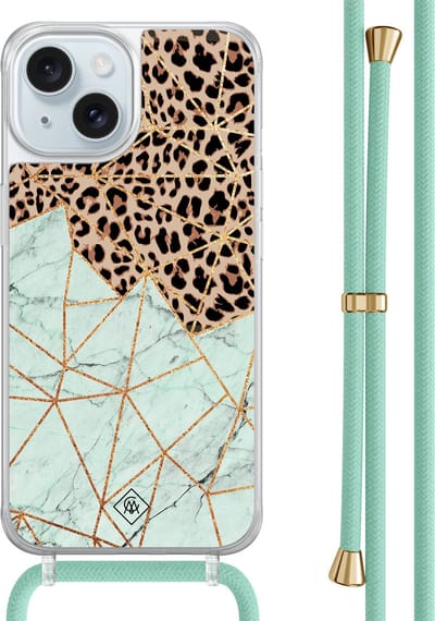 Casimoda® hoesje met mintgroen koord - Geschikt voor iPhone 15 - Luipaard Marmer Mint - Afneembaar koord - TPU/acryl - Mint