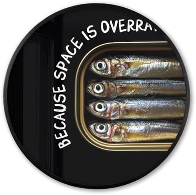 Poster in lijst Rond - Fotolijst 60x60 cm - Posters - Sardines - Tekst - Vis - Blik - Ronde posterlijst zwart - Decoratie - Wanddecoratie woonkamer - Muurdecoratie slaapkamer