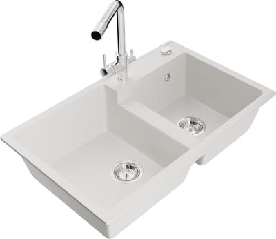 Mexen Tomas granieten gootsteen 2-kamer met keukenkraan Duero, wit - 6516-20-671600-00