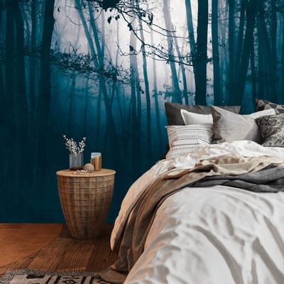 Fotobehang Profhome 399091-GU vliesbehang hardvinyl warmdruk in reliëf glad met bosmotief mat blauw zwart 3,71 m x 2,8 m