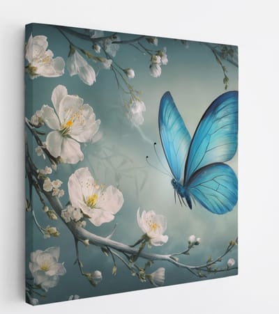Saammp Canvas Schilderij - Elegante Vlinder - Abstract met Bloesemtakken - 20x20 - Foto op canvas - Wanddecoratie - Muurdecoratie Woonkamer - Kantoor Decoratie