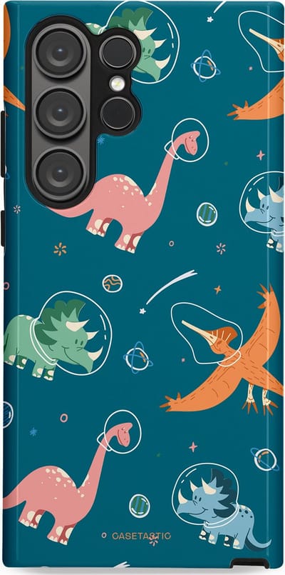 Casetastic hoesje geschikt voor Samsung Galaxy S23 Ultra - Dubbellaagse bescherming - Ruimte raptors - Fashion Case - Petrol Perzik