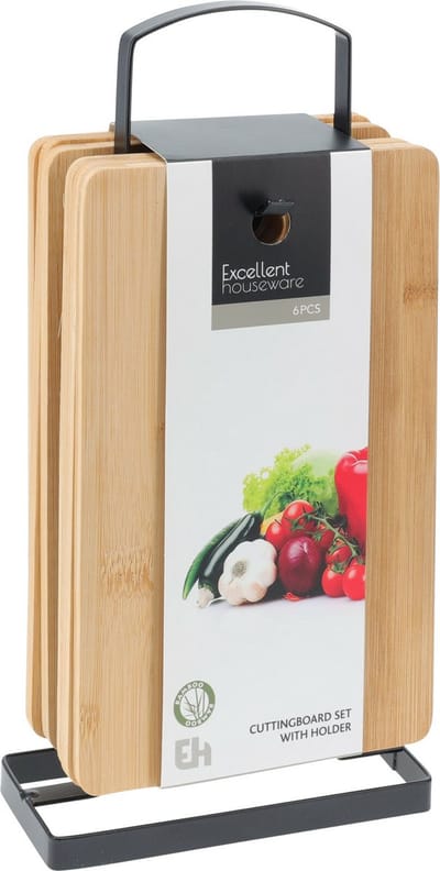 Excellent Houseware Broodplankjes met houder - 6x - bamboe hout - 22 x 15 cm - lichtbruin - ontbijtplankjes