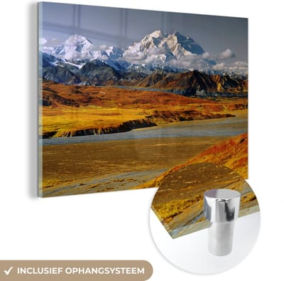® Glasschilderij 180x120 cm - Schilderij acrylglas - Herfstkleuren in het landschap onder de Mount McKinley in het Nationaal park Denali - Foto op glas - Muurdecoratie woonkamer - Wanddecoratie slaapkamer - Schilderijen