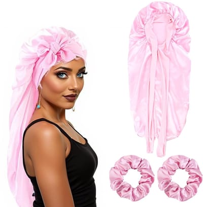 Dailygoods- Slaapmuts Satijn - Lange Nachtmuts - Set met 2 Haarbanden - Ademend en Huidvriendelijk - Voor Lang Krullend Haar - Roze - Haarbonnet