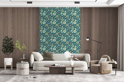 Behang - Fotobehang Retro - Bloemen - Patronen - Blauw - Breedte 160 cm x hoogte 240 cm