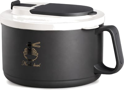 Noedelkom van 1100 ml met deksel, zijhandgreep en binnenkom van roestvrij staal 304, zwart, zonder bestek