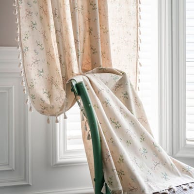 Boho verduisteringsgordijn - Beige katoen-linnen met macramé, franjes, haakwerk en verticale strepen - 1 stuk - Geschikt voor woonkamer, slaapkamer en eetkamer