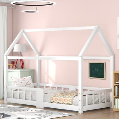 DESMIU Huisbed 90 x 200 cm Zonder matras – Kinderbed Met Tafel en Veiligheidsralen – Speels Opbergvriendelijk Design – Kinderkamer – Massief Hout – Wit