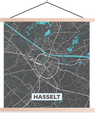 Posterhanger incl. Poster 40x40 cm - Schoolplaat - Kaart – Plattegrond – Stadskaart – Hasselt – België - Grijs - Textielposter - Blanke latten - Stadskaart