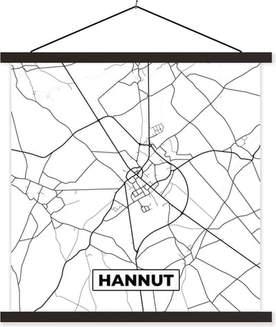 Posterhanger incl. Poster 60x60 cm - Schoolplaat - Stadskaart – Plattegrond – België – Zwart Wit – Hannut – Kaart - Textielposter - Zwarte latten - Stadskaart