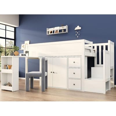 ModernLuxe Mezzaninebed voor kind van 90x200 cm - met schuifbureau + zijopslagruimte - met kast - met trap - wit