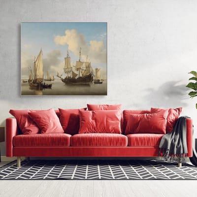 Wanddecoratie / Schilderij / Poster / Doek / Schilderstuk / Muurdecoratie / Fotokunst / Tafereel Schepen onder de kust voor anker - Willem van de Velde (II) gedrukt op Geborsteld aluminium