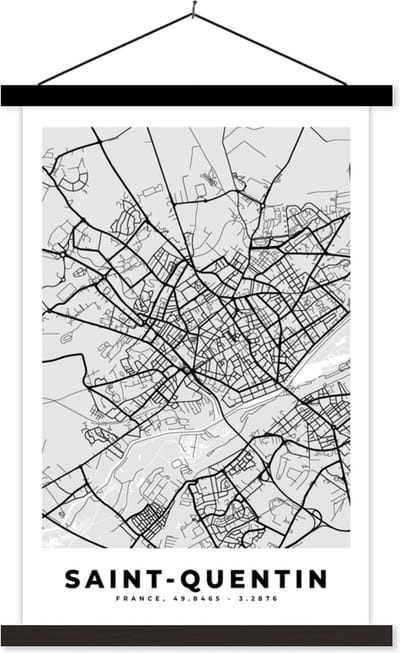 Posterhanger incl. Poster 40x60 cm - Schoolplaat - Saint-Quentin - Plattegrond - Frankrijk - Kaart - Stadskaart - Textielposter - Zwarte latten - Stadskaart