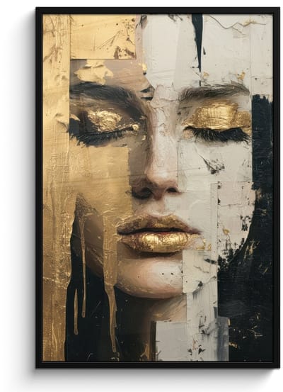 Poster in lijst - Fotolijst 80x120 cm - Posters - Abstract - Goud - Gezicht - Lippen - Posterlijst zwart - Decoratie - Wanddecoratie woonkamer - Muurdecoratie slaapkamer