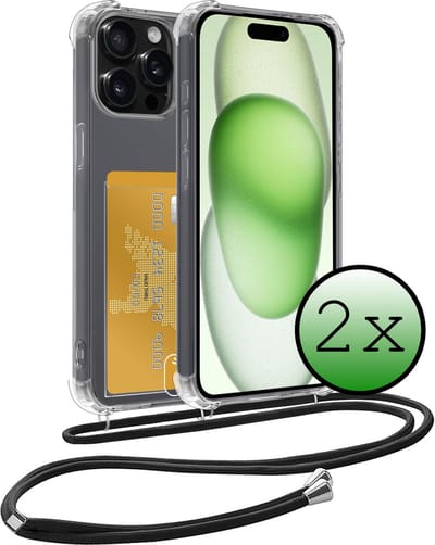 Hoes Geschikt voor iPhone 15 Pro Hoesje Pas Houder Shock Proof Case Hoes Met Koord - Hoesje Geschikt voor iPhone 15 Pro Hoes Met Telefoonkoord Pasjeshouder Cover - Transparant - 2 Stuks