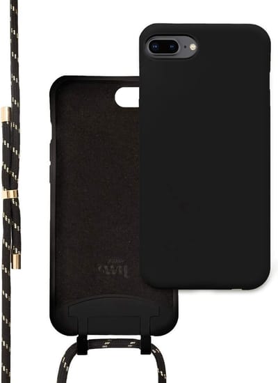 xoxo Wildhearts siliconen hoesje geschikt voor iPhone 7/8 Plus - Silicone Pretty Black & Gold Cord Case - telefoonhoesje met koord - telefoonkoord - zwart / goud