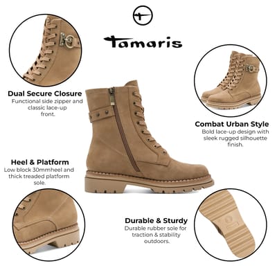 Tamaris Dames Fashion Camel Beige Leren Veterschoenen met Rits Combat Enkellaarsjes