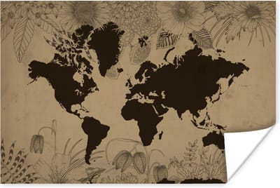 Poster 30x20 cm - Wereldkaart - Vintage - Zwart - Posters - Kamer decoratie - Wanddecoratie woonkamer - Muurdecoratie slaapkamer