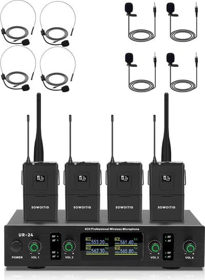 Draadloos 4-kanaals UHF Microfoonsysteem met Lavalier en Headset Microfoon - 90m Bereik