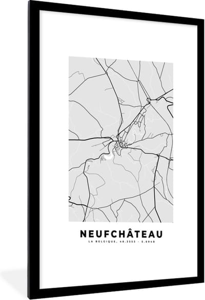 Fotolijst incl. Poster Zwart Wit- Stadskaart – Plattegrond – België – Zwart Wit – Neufchâteau – Kaart - 60x90 cm - Posterlijst