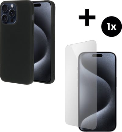 Mobiparts Silicone Cover hoesje geschikt voor Apple iPhone 15 Pro Max met 1 Screenprotector van Gehard Glas - Zwart