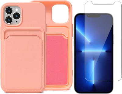 Roze Pasjeshouder Hoesje geschikt voor Apple iPhone 13 Pro - Screenprotector Glas - Kaart TPU Backcover