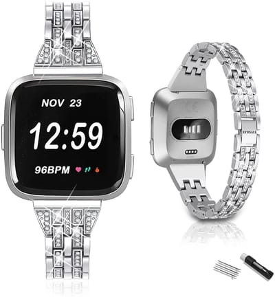 EYUSALL Metalen Horlogeband - Voor Fitbit Versa/2/Lite/SE - Zilverkleurig - Met Steentjes - Vijf-rijig