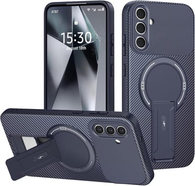 Casemania Hoesje Geschikt voor Samsung Galaxy A17 - Carbon Patroon in Donker Blauw - Magnetische Telefoonhoesje Geschikt voor MagSafe - Stevige Siliconen Back Cover met Kickstand Standaard en Camera Bescherming