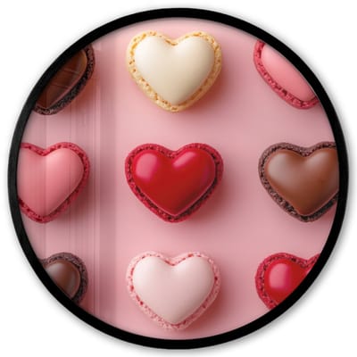 Poster in lijst Rond - Fotolijst 40x40 cm - Posters - Macarons - Hartjes - Kleurrijk - Roze - Ronde posterlijst zwart - Decoratie - Wanddecoratie woonkamer - Muurdecoratie slaapkamer