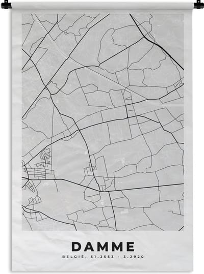 Wandkleed - Wanddoek - België – Damme – Stadskaart – Kaart – Zwart Wit – Plattegrond - 120x180 cm - Wandtapijt