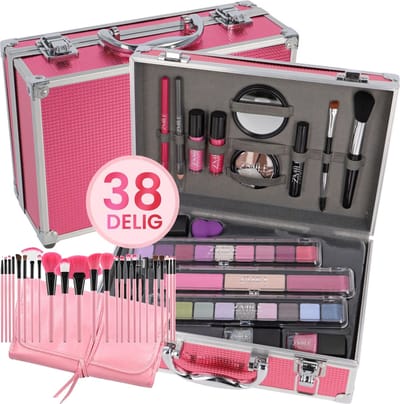 Roze Make Up Koffer Meisjes Met Inhoud 38-Delig - Set Inclusief Premium Roze Kwasten & Reis Etui - Cosmetica Set Kinderen – Roze Beautycase Meisjes